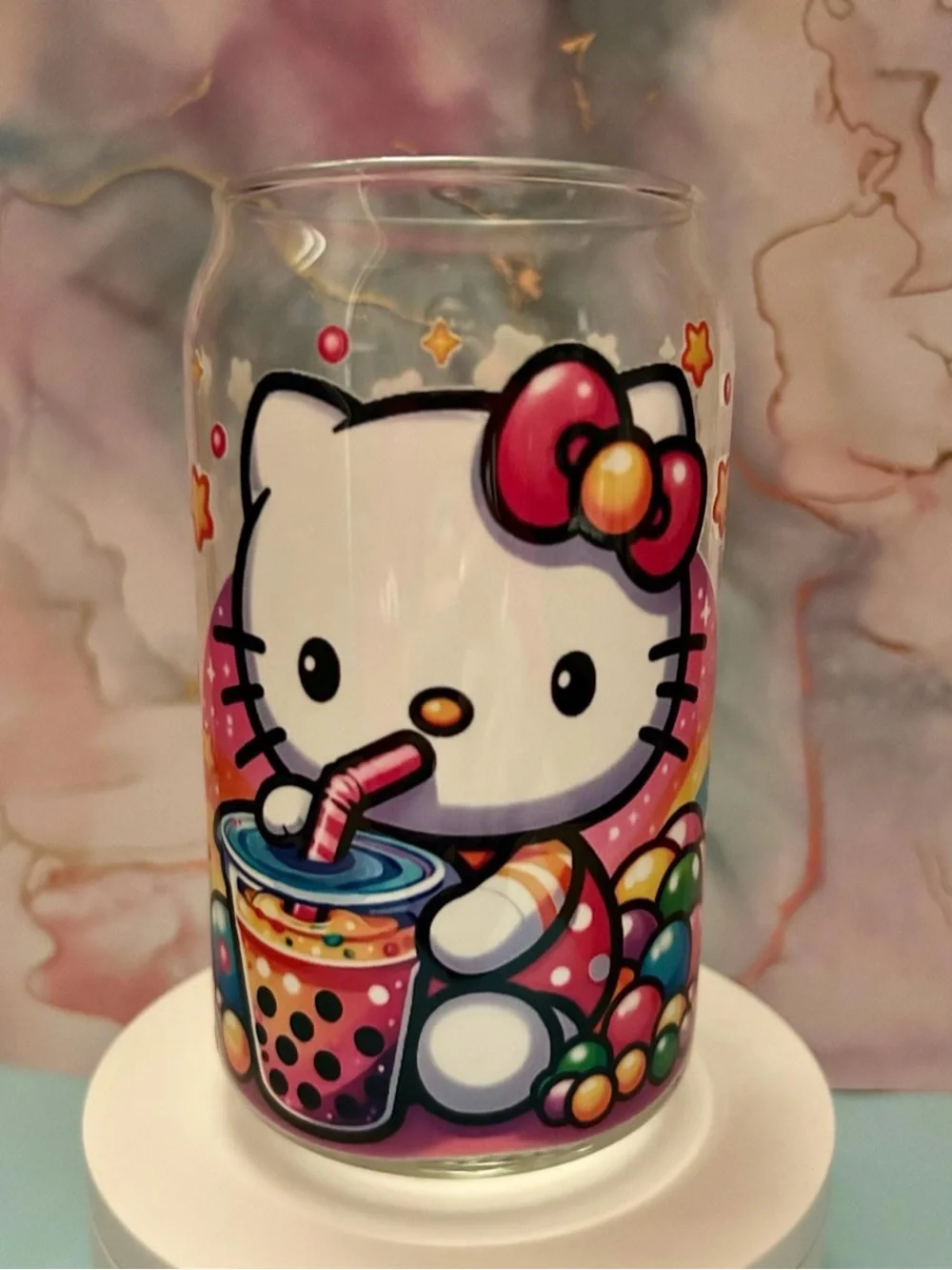 Hello Kitty Loves Boba Glass Cup w/Lid & Straw 🩷🧋